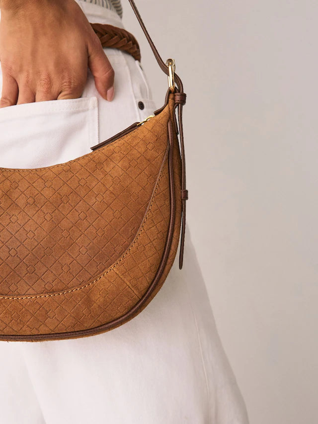 Tan Brown Leather Embossed Cross Body Bag