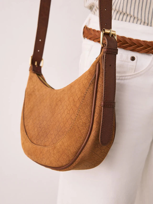 Tan Brown Leather Embossed Cross Body Bag