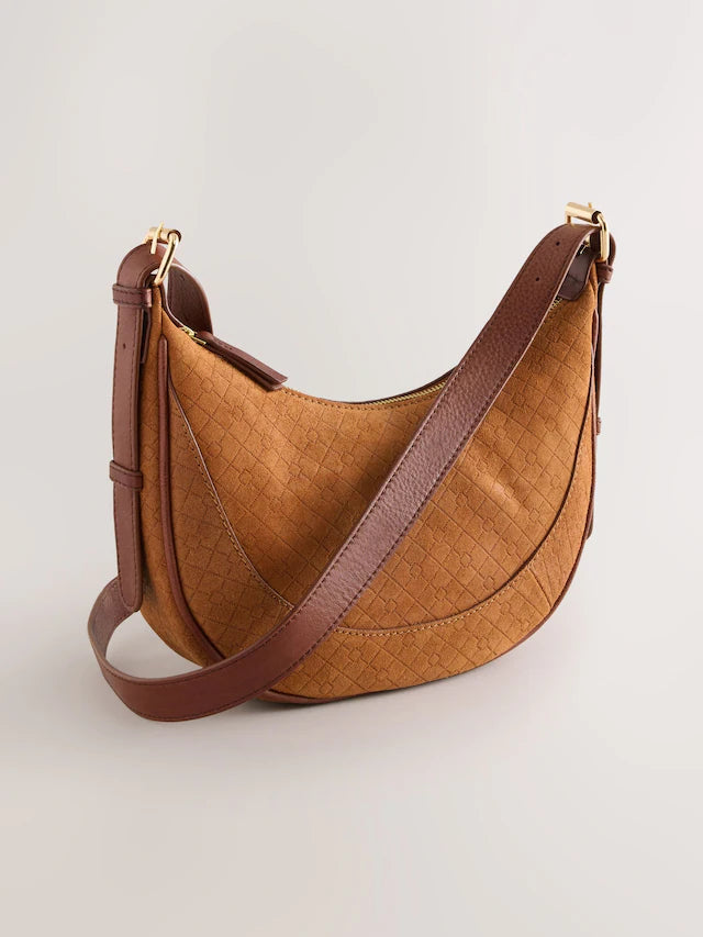 Tan Brown Leather Embossed Cross Body Bag
