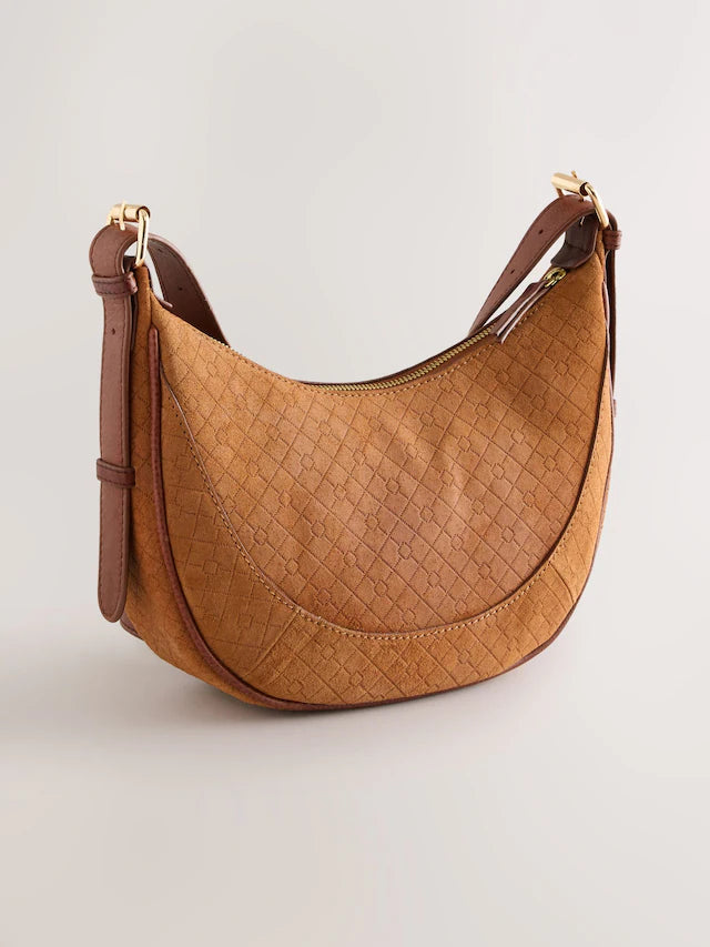 Tan Brown Leather Embossed Cross Body Bag